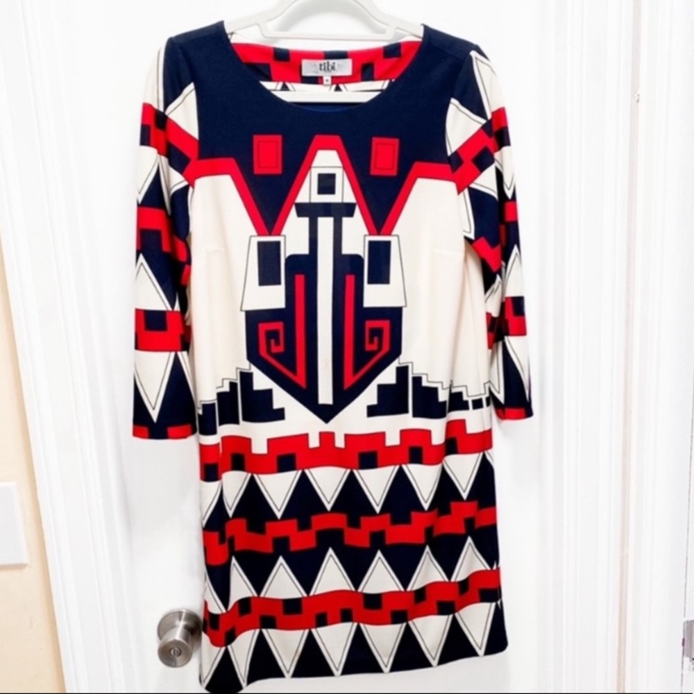 Tibi Dress New M 3/4 long Sleeve Navy Red White Shift Tribal Geometric design
